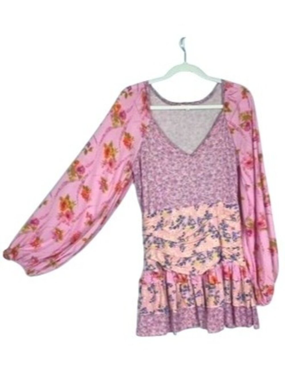 Pink Ripple Floral Ruched Mini Dress Medium Pink V Neck Ruffle Flounce Boho - Picture 4 of 16